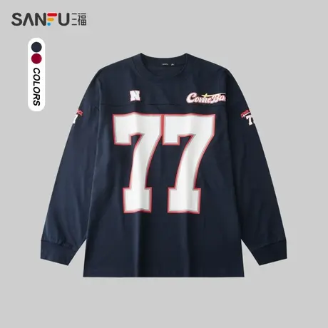 三福2024春季男士运动风数字长T恤 学院宽松圆领纯棉上衣482542商品大图