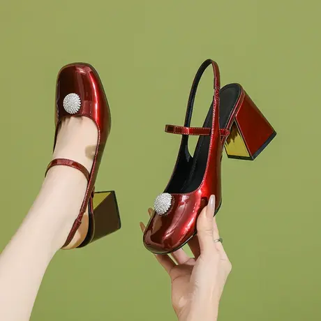 玛丽珍女鞋2024年新款方头浅口高跟鞋后空一字扣带粗跟单鞋配裙子商品大图