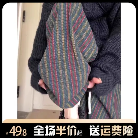 美拉德竖纹毛呢阔腿裤女秋冬加绒加厚复古宽松显瘦垂感直筒休闲裤商品大图