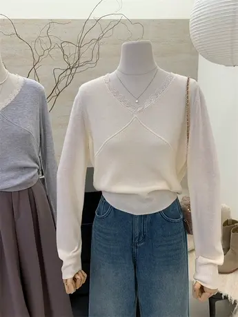 2024年法式v领蕾丝拼接针织衫女春季设计感小众修身显瘦长袖上衣商品大图