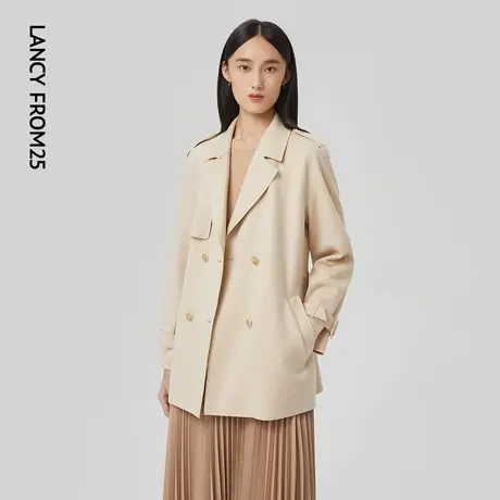 LANCY/悦朗姿2023春季新款翻领风衣双排扣女收腰显瘦设计感高级图片