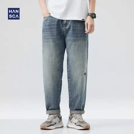 hansca破洞牛仔裤男直筒春季新款潮牌复古宽松休闲蓝色锥形长裤男商品大图