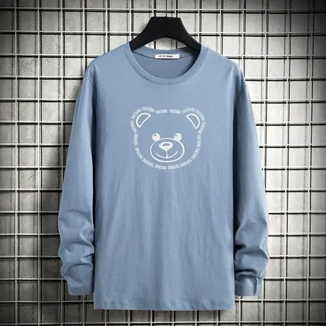 纯棉t恤男士长袖宽松潮流小熊秋季内搭打底衫全棉圆领体恤上衣服商品大图