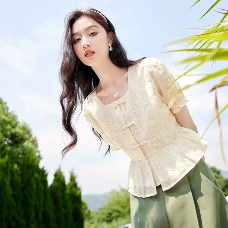 时尚气质盘扣短袖衬衫2023年夏季新款淑女温柔方领显瘦通勤上衣商品大图