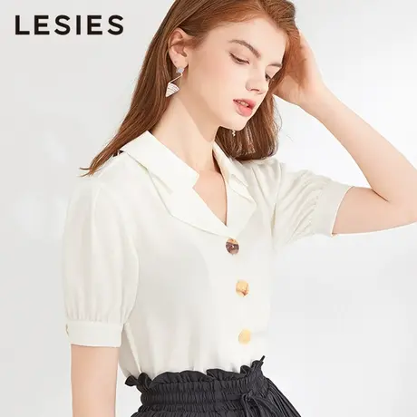 蓝色倾情春夏女装 白色翻领舒适短袖衬衫女设计感法式上衣商品大图