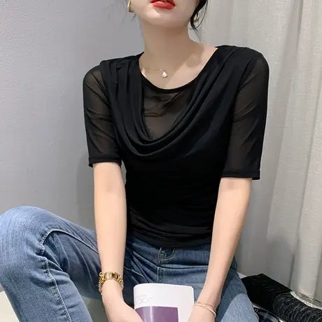 性感网纱五分袖上衣女初秋2023新款气质荡领打底衫修身百搭雪纺衫图片