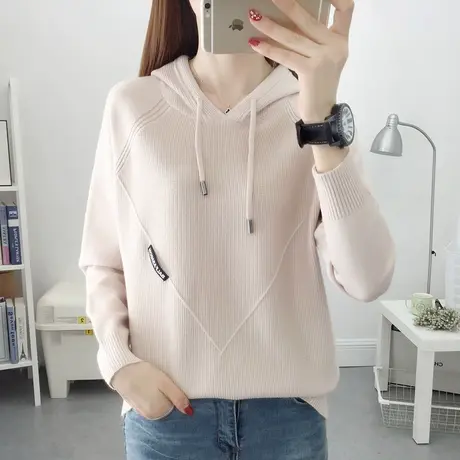 2023秋季新款连帽毛衣女短款长袖洋气百搭休闲卫衣针织打底衫外穿商品大图