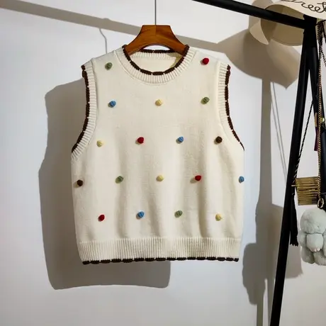 学院风针织马甲女春秋新款圆领立体彩色球球无袖坎肩毛衣背心外穿商品大图