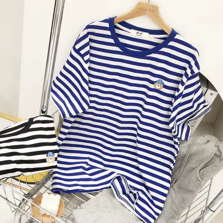 克莱因蓝色短袖上衣2022夏季新款韩国东大门ins宽松男友风条纹T恤商品大图