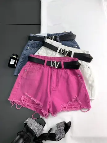 2023新款辣妹高腰牛仔短裤女夏季破洞流苏A字显瘦阔腿热裤配腰带商品大图