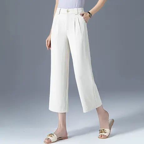 冰丝阔腿裤女夏季薄款白色裤子夏八分裤休闲女裤宽松直筒裤七分裤商品大图