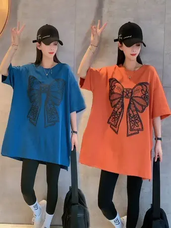 2023夏季新款t恤女前蝴蝶结后字母休闲遮肚中长款上衣宽松大版潮图片