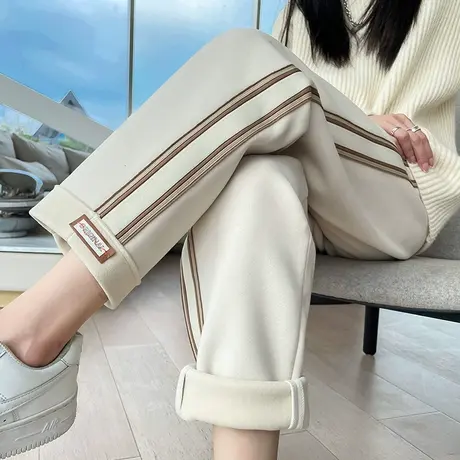 米白色毛呢直筒裤女加厚秋冬新款高腰宽松显瘦百搭九分休闲烟管裤图片