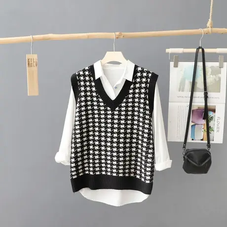 秋装2023年新款韩版短款V领套头针织马夹女宽松百搭背心毛衣坎肩商品大图