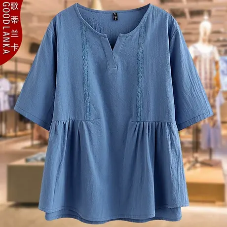 40-50岁中年妈妈夏季纯棉上衣200斤加大码宽松遮肚休闲V领短袖T恤商品大图