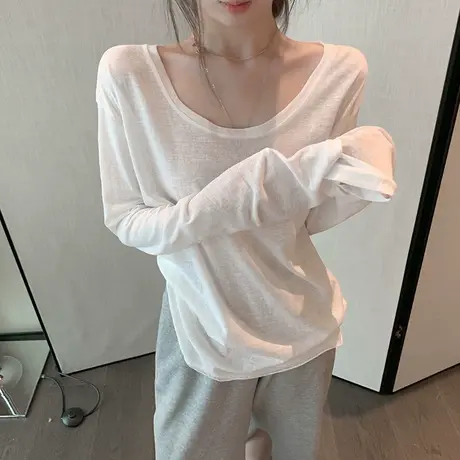 洋气减龄纯棉内搭打底衫女上衣秋季百搭宽松显瘦白色长袖T恤ins潮图片