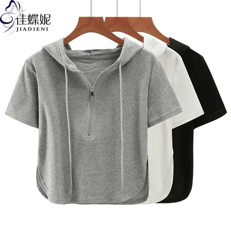 夏季新款韩版连帽小宽松纯白短款纯色纯欲燕尾短袖体恤上衣女装商品大图