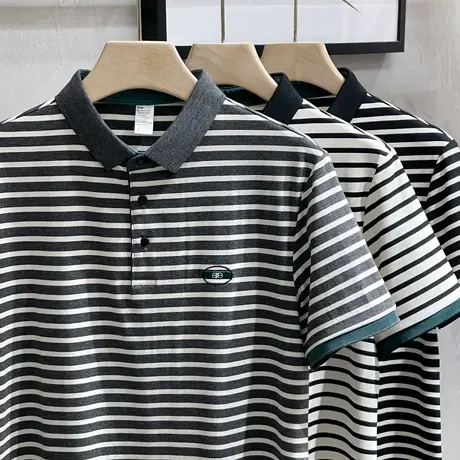 条纹t恤男夏季薄款修身男士翻领上衣服潮流男士短袖2023新款潮流商品大图