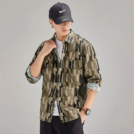 Modi Nick/摩帝尼克重磅洗水男士衬衫复古印花宽松休闲长袖男外套图片