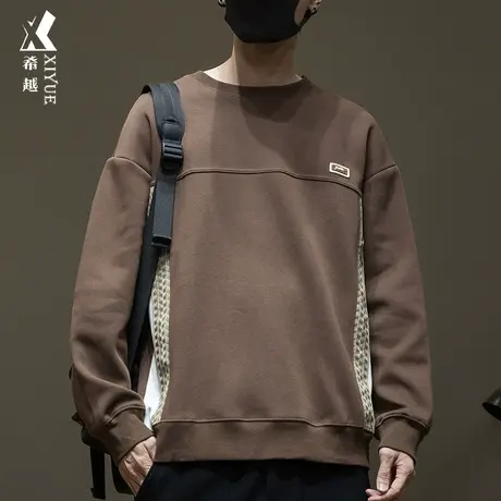 希越复古咖啡色休闲卫衣男款秋季民族风织带拼接宽松大码胖子男装商品大图