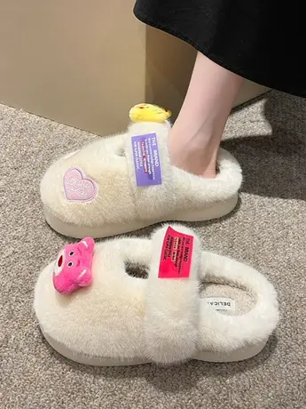 可爱草莓熊包头拖鞋女外穿2023年秋冬款室内家居棉拖厚底毛毛拖女商品大图