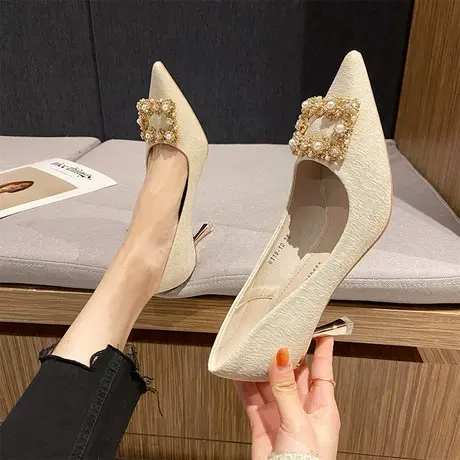 尖头水钻职业单鞋女细跟2023年春夏季新款气质性感少女浅口高跟鞋图片