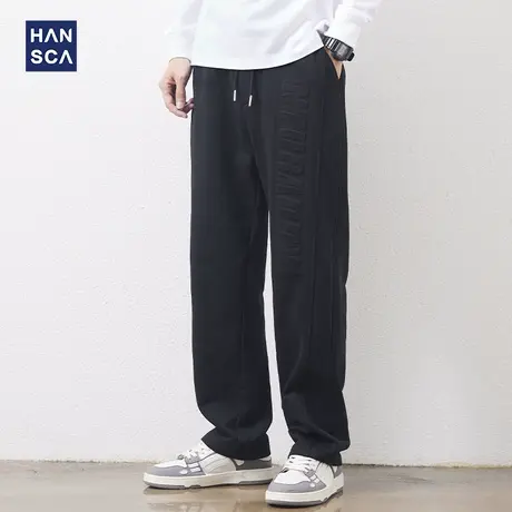 hansca黑色卫裤男宽松大码青少年秋冬潮流加绒加厚休闲直筒运动裤图片
