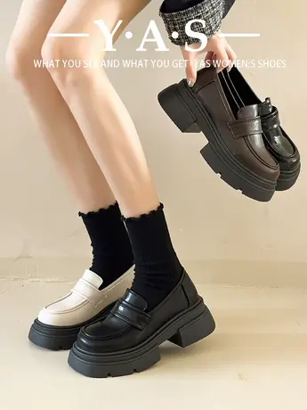 厚底粗跟英伦风小皮鞋女2023新款秋冬季一脚蹬女鞋单鞋黑色乐福鞋商品大图