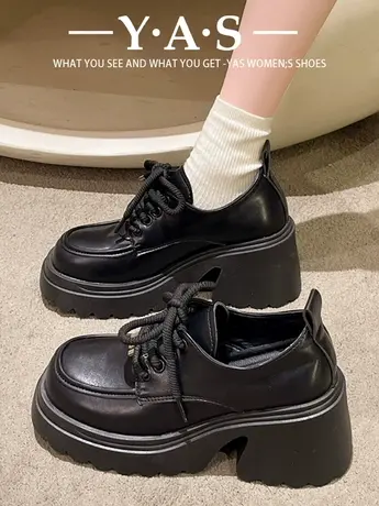 粗跟系带乐福鞋女2024春季新款厚底英伦风小皮鞋黑色增高松糕单鞋商品大图