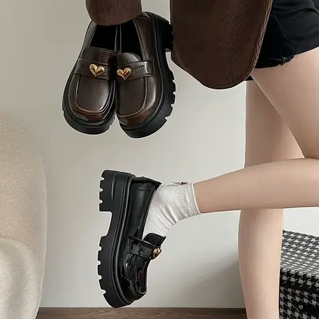 小皮鞋女春秋2024年新款懒人厚底一脚蹬单鞋粗跟通勤英伦风乐福鞋商品大图