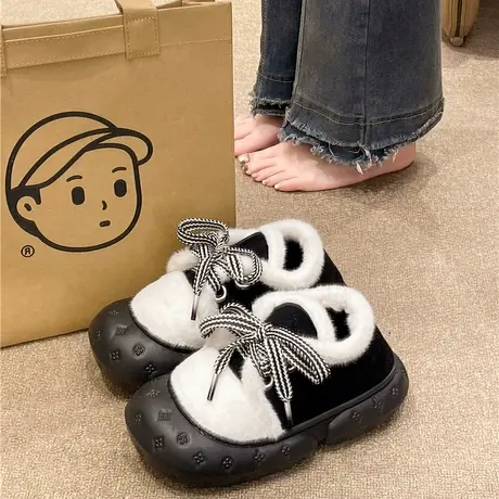 时尚绑带棉拖鞋女冬季室内家居厚底防滑加绒毛毛保暖包跟外穿棉鞋图片