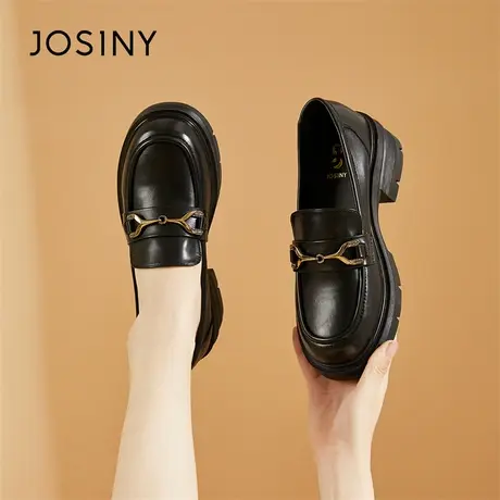 Josiny/卓诗尼黑色乐福鞋女2024新款春季百搭粗跟厚底一脚蹬女鞋商品大图