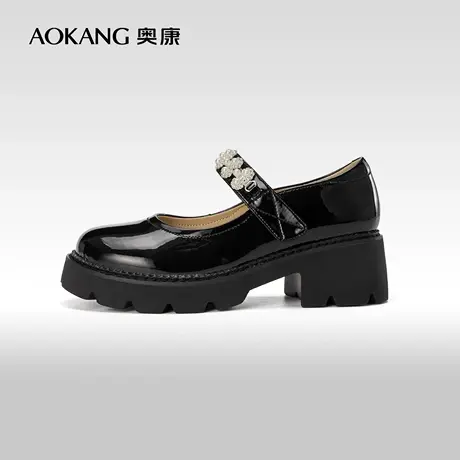 奥康女鞋春秋小香玛丽珍女鞋厚底黑色珍珠英伦风法式粗跟jk小皮鞋商品大图