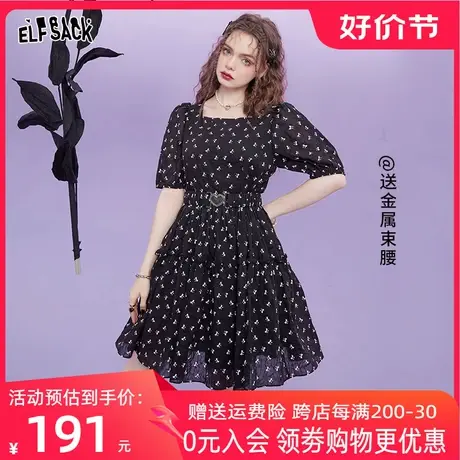 【新款】妖精的口袋黑色波点泡泡袖连衣裙女2022夏季收腰显瘦裙子商品大图
