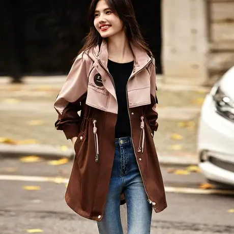时尚气质拼接中长款风衣外套女士2023年秋季新款百搭休闲通勤上衣商品大图