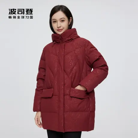 波司登奥莱女士妈妈装短款宽松加大印花连帽设计大口袋羽绒服外套商品大图