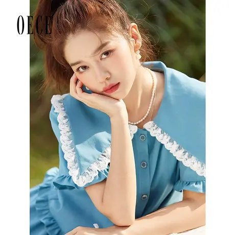 Oece设计感上衣2022夏季新款女装复古减龄衬衣花边娃娃领短袖衬衫图片