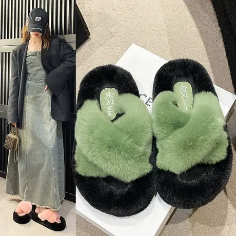 网红毛毛拖鞋女外穿毛拖鞋女2024新款毛绒厚底冬季交叉毛拖兔毛鞋商品大图