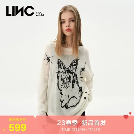 LINC金羽杰薄款针织衫女2023秋季新款圆领落肩宽松马海毛女士毛衣商品大图