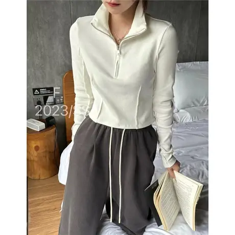 2023新款秋装别致短款修身长袖T恤女时髦拉链翻领纯欲风辣妹上衣图片