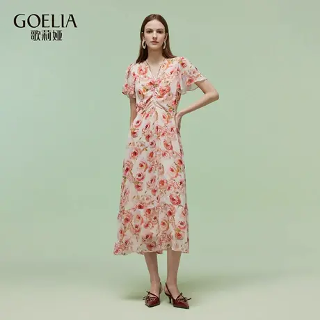 歌莉娅夏季新品10姆米顺纡绉玫瑰印花挂脖连衣裙1E4L4K0E0图片