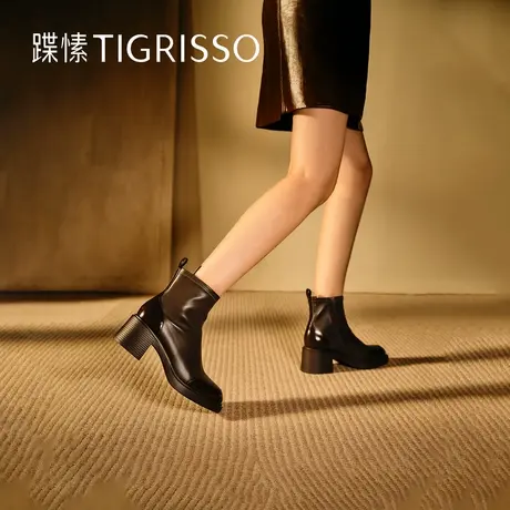 蹀愫冬粗跟圆头棕色时装短靴侧拉链女TA54709-11商品大图