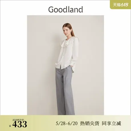 Goodland美地春季法式优雅丝带领荷叶边衬衫法式上衣图片