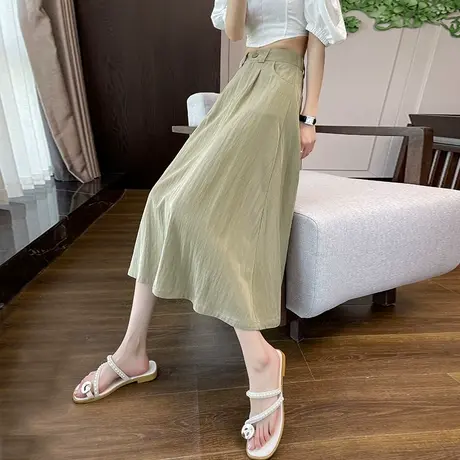 开叉冰丝半身裙女2025夏季薄款高腰宽松休闲棉麻亚麻a字中长伞裙图片