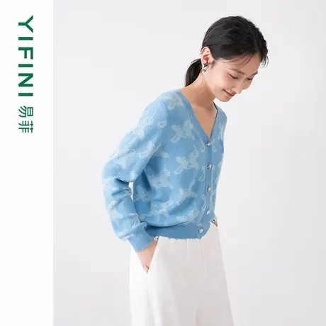 Yifini/易菲亮丝提花空气感针织衫女春秋新款宽松百搭外套商品大图