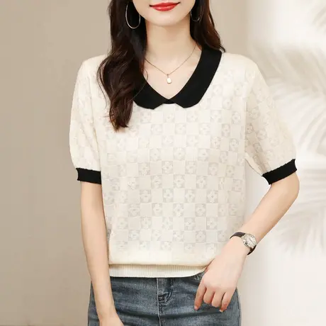 减龄娃娃领短袖针织衫女夏薄款套头小清新宽松打底T恤女百搭上衣商品大图