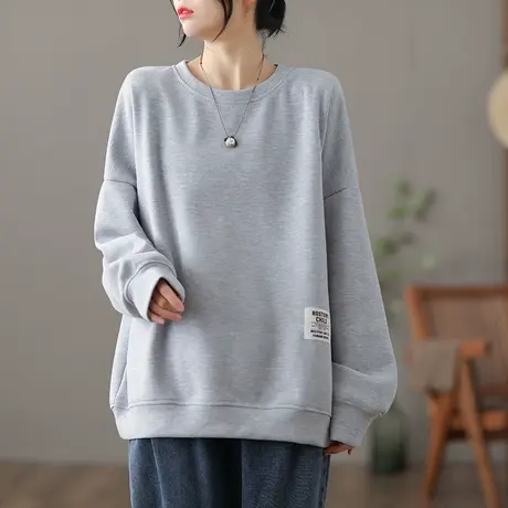 dza 文艺复古短款套头灰色卫衣女士春季新款圆领上衣宽松显瘦外套图片