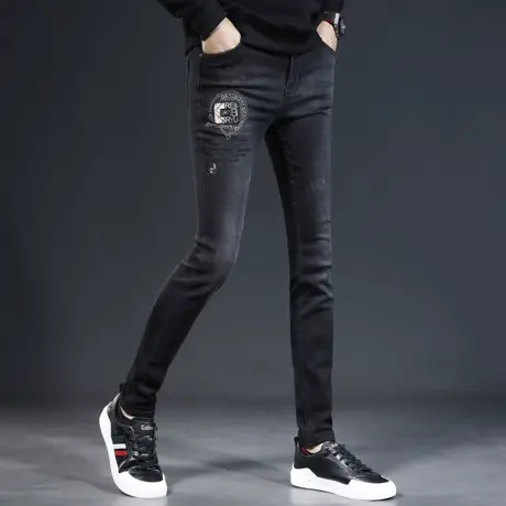 高级刺绣牛仔裤男2023新款秋季黑色修身小脚弹力潮流时尚男士长裤商品大图