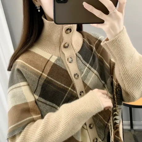 格纹流苏假两件翻领针织开衫女秋冬设计感小众高级感复古加厚毛衣图片