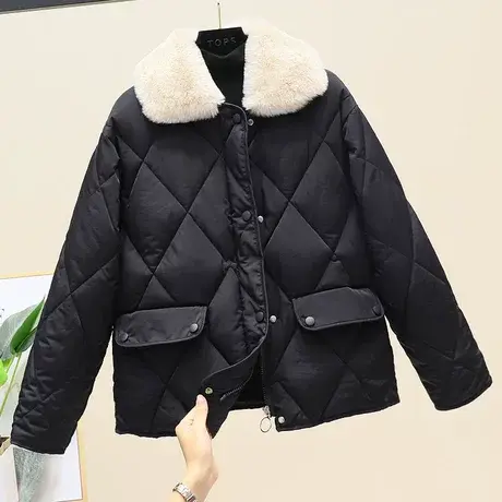 小个子菱形格ins棉服女短款2023韩版新款翻领毛领棉衣小棉袄外套图片